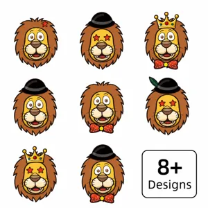 Kinderen tekenfilm wild dier gezicht maken sticker set met grappige leeuw uitdrukkingen.