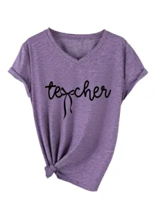 Femme Col V Manches Courtes T-Shirt Décontracté Violet Nœud Ourlet Imprimé Été Top