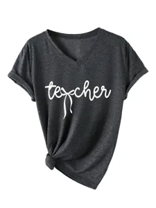 Femme T-shirt casual à col V et manches courtes avec imprimé lettre et ourlet noué.