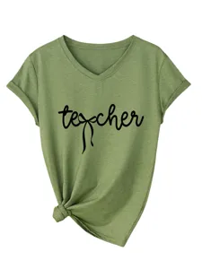 T-shirt décontracté pour femme à col V et manches courtes avec nœud et lettre