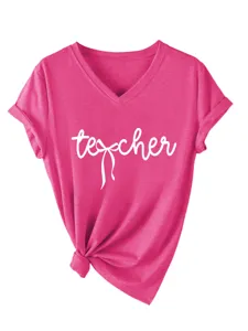 Femme Casual Col V Manches Courtes T-Shirt Rose avec Lettre Nœud Imprimer Été Mode Haut