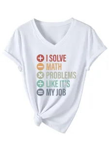 Damen Lässiges V-Ausschnitt Kurzarm T-Shirt mit lustigem Mathe-Druck und Knoten weiß