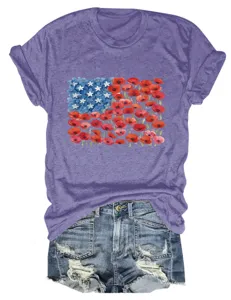 Detail view of a purple heather crew neck short sleeve t-shirt with floral flag graphic.