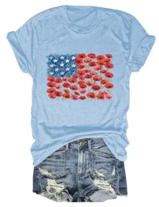 Casual women's short sleeve t-shirt with floral flag graphic print and blue color design.