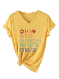 Damen gelbes V-Ausschnitt Kurzarm T-Shirt mit lustigem Mathe Spruch und modischem Knoten.