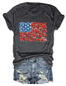 Detailed view of women's short sleeve tee with floral flag graphic, casual style top.