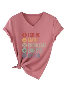 Modische Damen V-Ausschnitt Kurzarm T-Shirt mit lustigem Mathe-Spruch und Knoten.