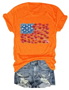 Orange short-sleeve crewneck t-shirt featuring a unique floral flag graphic design.