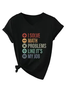 Damen Schwarzes V-Ausschnitt Kurzarm T-Shirt Lässiges Mathe Print Top mit Knotendetail