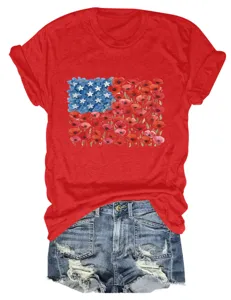 Detailed view of women's red crew neck short sleeve t-shirt featuring floral flag graphic.