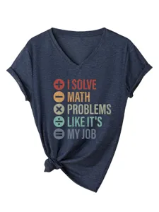 Damen lässiges V-Ausschnitt Kurzarm T-Shirt mit lustigem Mathe Spruch Print Oberteil
