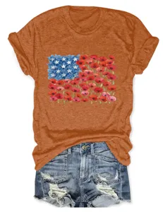 Women casual short sleeve crewneck t-shirt with floral flag graphic, orange tee top.