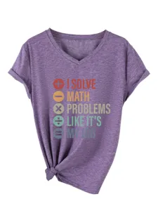 Lässiges Damen V-Ausschnitt Kurzarm T-Shirt mit lustigem Mathe-Druck und Knotendetail.