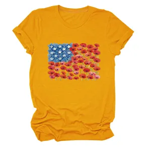Close-up of the mustard yellow women's t-shirt showing the creative floral American flag print.