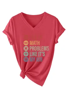 Rotes Damen V-Ausschnitt Kurzarm T-Shirt mit Mathe-Spruch Print, lässiges Top mit Knoten.