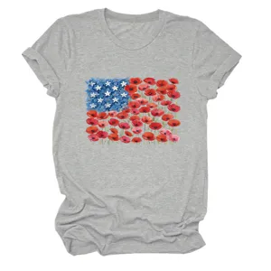 Casual fashion women gray short sleeve t-shirt with beautiful floral flag graphic top