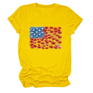 Women casual yellow crew neck short sleeve t-shirt with floral american flag print top