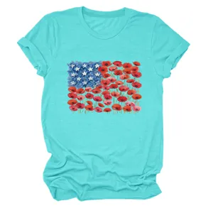 Casual women's turquoise short sleeve t-shirt featuring a floral American flag graphic design.