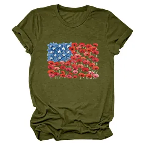 Women casual olive green short sleeve t-shirt with patriotic floral flag graphic crew neck top