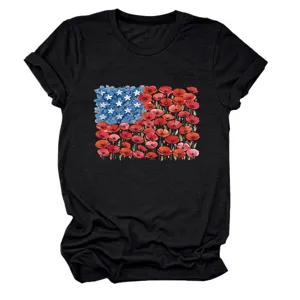 Women's black short sleeve t-shirt with patriotic floral American flag graphic print crew neck top