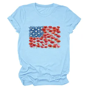 Women's light blue short sleeve t-shirt with patriotic floral American flag graphic tee.