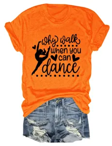 Γυναικείο casual πορτοκαλί T-shirt με στρογγυλή λαιμόκοψη και εμπνευσμένο τύπωμα χορού.