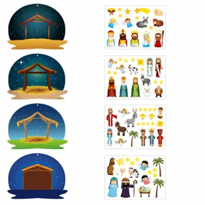 Stickers de scène de crèche de dessin animé pour enfants, set déco de fête de Noël.