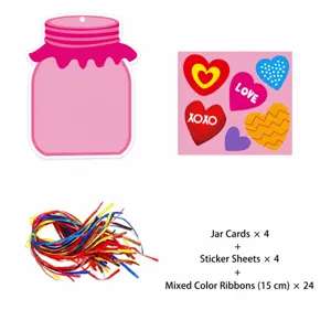 Detailed view showing Valentine's Day DIY heart jar, stickers, and colorful ribbon set.