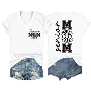 Damen Kurzarm V-Ausschnitt T-Shirt mit Senior MOM 2027 Grafik Druck Freizeit Sommer Oberteil