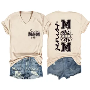 Damen lässiges V-Ausschnitt Kurzarm T-Shirt mit Senior Mom 2027 Print, bequeme Alltagskleidung.