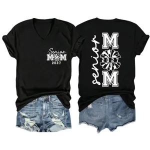 Schwarzes Damen V-Ausschnitt Kurzarm T-Shirt mit Senior Mom 2027 Druck Freizeitkleidung