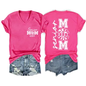 Damen V-Ausschnitt Kurzarm T-Shirt Senior Mom 2027 Brief Druck Casual Rosa Tops Neu