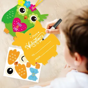 Detailed view of DIY colorful owl greeting card and valentine gift hanging decoration set.