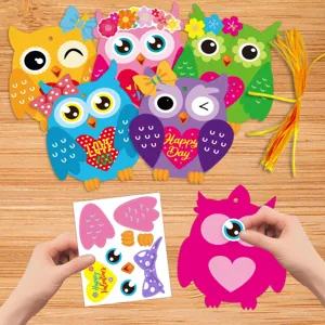 Valentine's Day DIY colorful owl greeting card set, cute handmade hanging ornament decor.