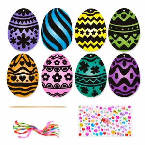 Set de huevos de Pascua para rascar DIY con lápiz de madera, cintas de colores y pegatinas.
