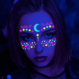 Leuchtende Gesichtsaufkleber für Musikfestival, fluoreszierende Tattoos für Party.