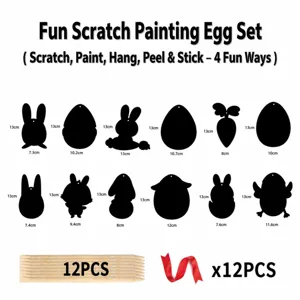 Set de arte para rascar de Pascua con 12 formas, palitos de madera y cintas para manualidades.