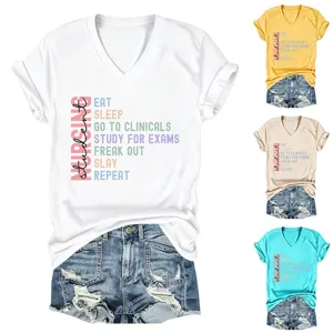 Women casual V-neck short sleeve t-shirt with nursing student letter print and denim shorts.