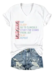 Casual white V-neck short sleeve nursing student t-shirt paired with denim shorts daily wear.