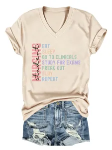 Casual women V-neck short sleeve nursing student graphic tee shirt paired with denim shorts