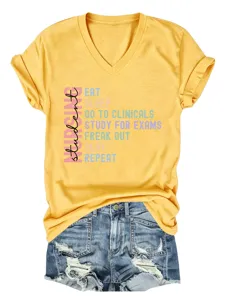 Women casual V-neck short sleeve yellow t-shirt with nursing student graphic print top.