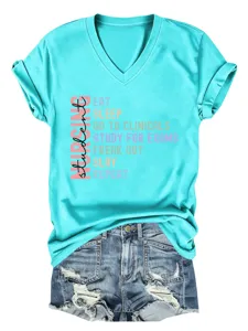 Detailed view of the turquoise V-neck short sleeve nursing student graphic print t-shirt design.