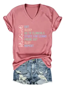 Casual women's V-neck short sleeve nursing student graphic T-shirt with denim shorts.