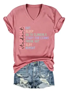 Women casual V-neck short sleeve nursing student graphic tee shirt in pink color top.