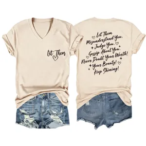 Lässiges Damen V-Ausschnitt Kurzarm T-Shirt mit inspirierendem Zitat-Druck, bequeme Freizeitkleidung.