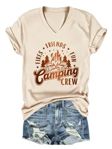 Camiseta casual de mujer con cuello en V y manga corta con estampado gráfico de camping.