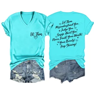 Lässiges Damen V-Ausschnitt Kurzarm T-Shirt in Türkis mit inspirierendem Grafikdruck.