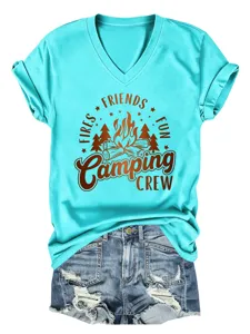 Camiseta turquesa de cuello en V para mujer con estampado gráfico de camping, top casual.