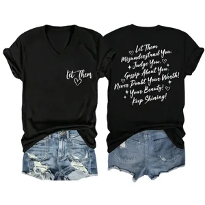 Damen lässiges schwarzes V-Ausschnitt Kurzarm T-Shirt mit inspirierendem Zitat für den Alltag.