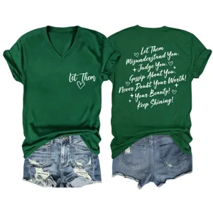Damen grün V-Ausschnitt Kurzarm Freizeit T-Shirt mit inspirierenden Buchstaben Druck.